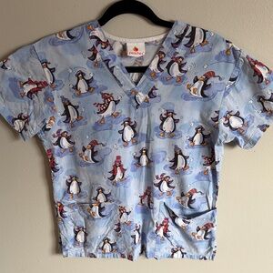 Peaches Uniforms Light Blue Penguin Print Scrub Top